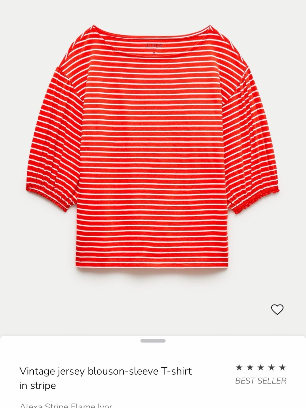J. Crew Red & White Striped Blouson-Sleeve Jersey Top